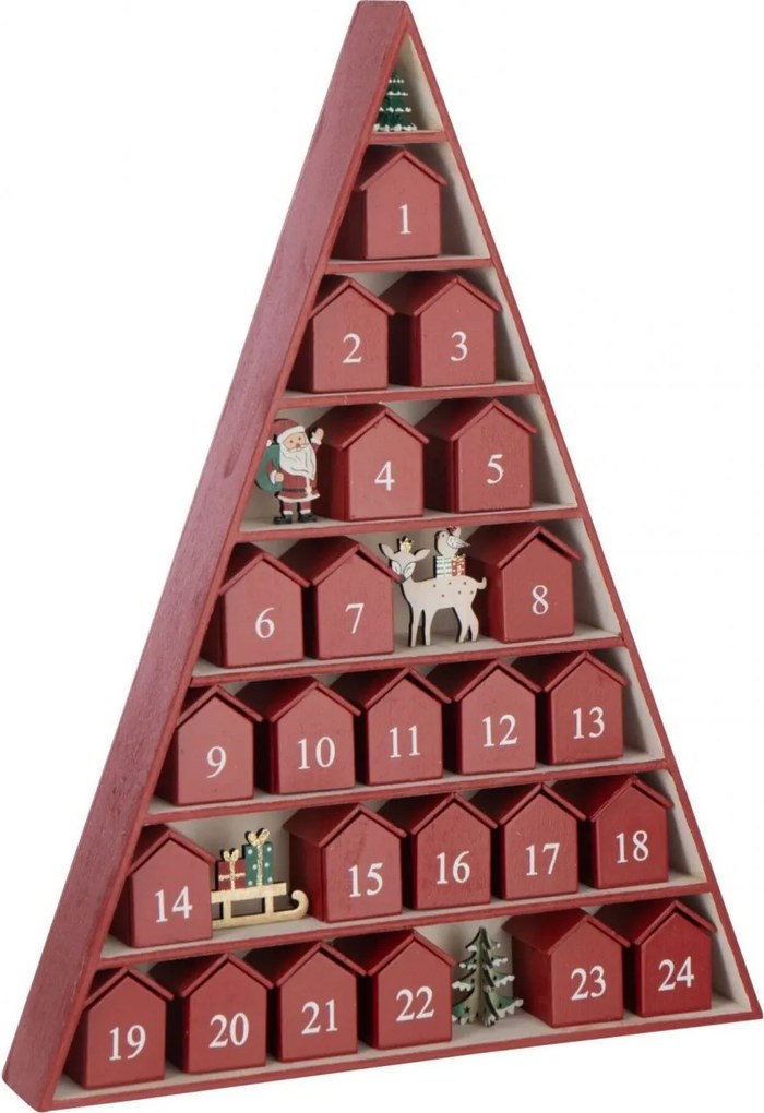 Adventní kalendář strom a domeček červený z překližky – 32*5,5*45 cm