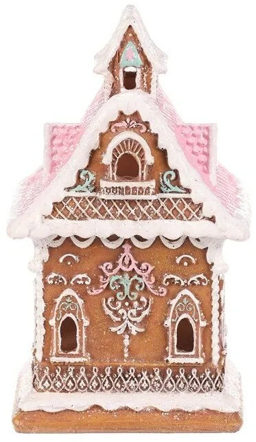 Vianočná dekorácia Perníková chalúpka s ružovou strechou, polyresin, LED, hnedá