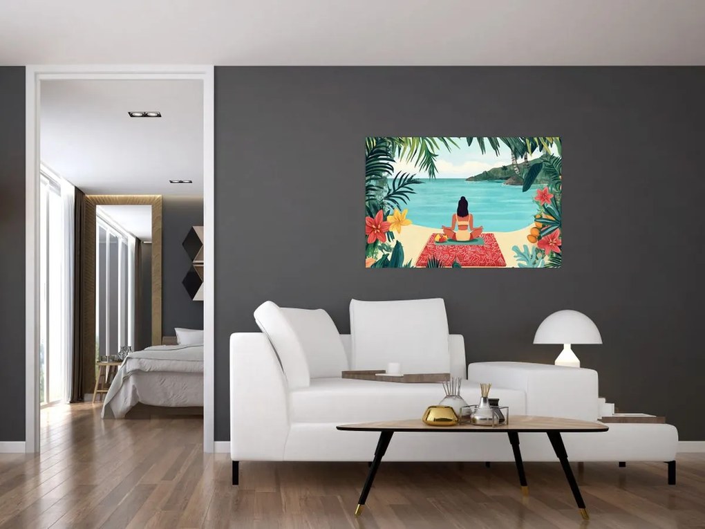 Obraz - Jogínka na pláži (90x60 cm)