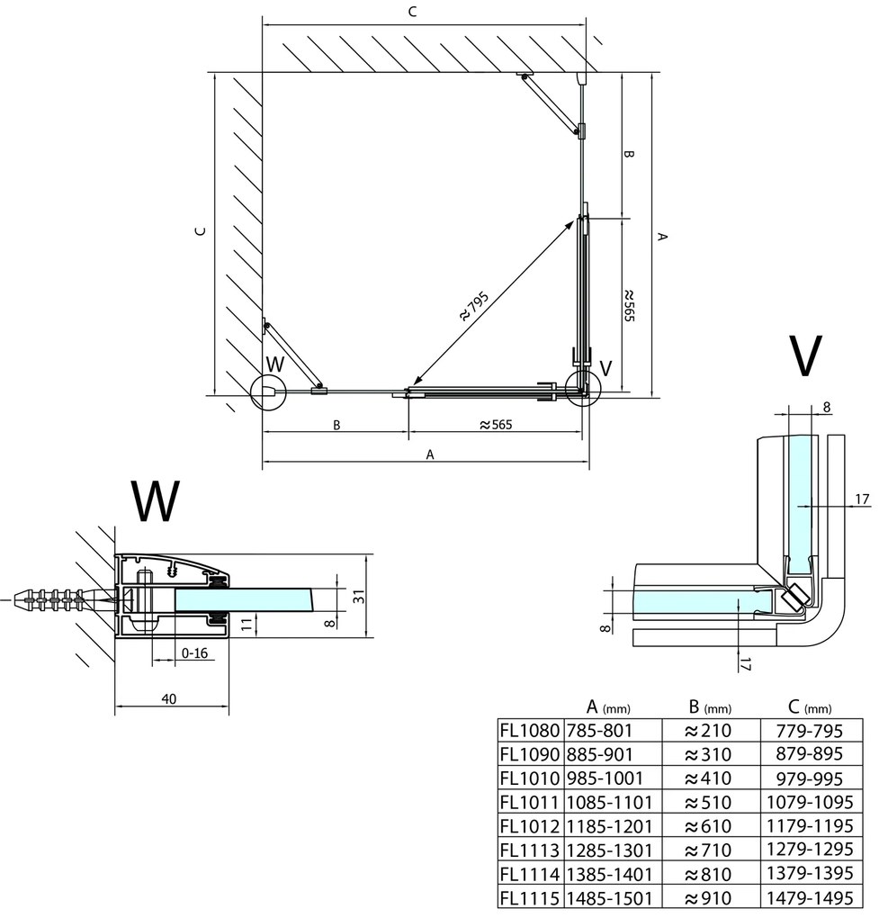 Polysan Polysan, FORTIS LINE obdĺžniková sprchová zástena 800x1000 mm, rohový vstup, FL1080LFL1010R