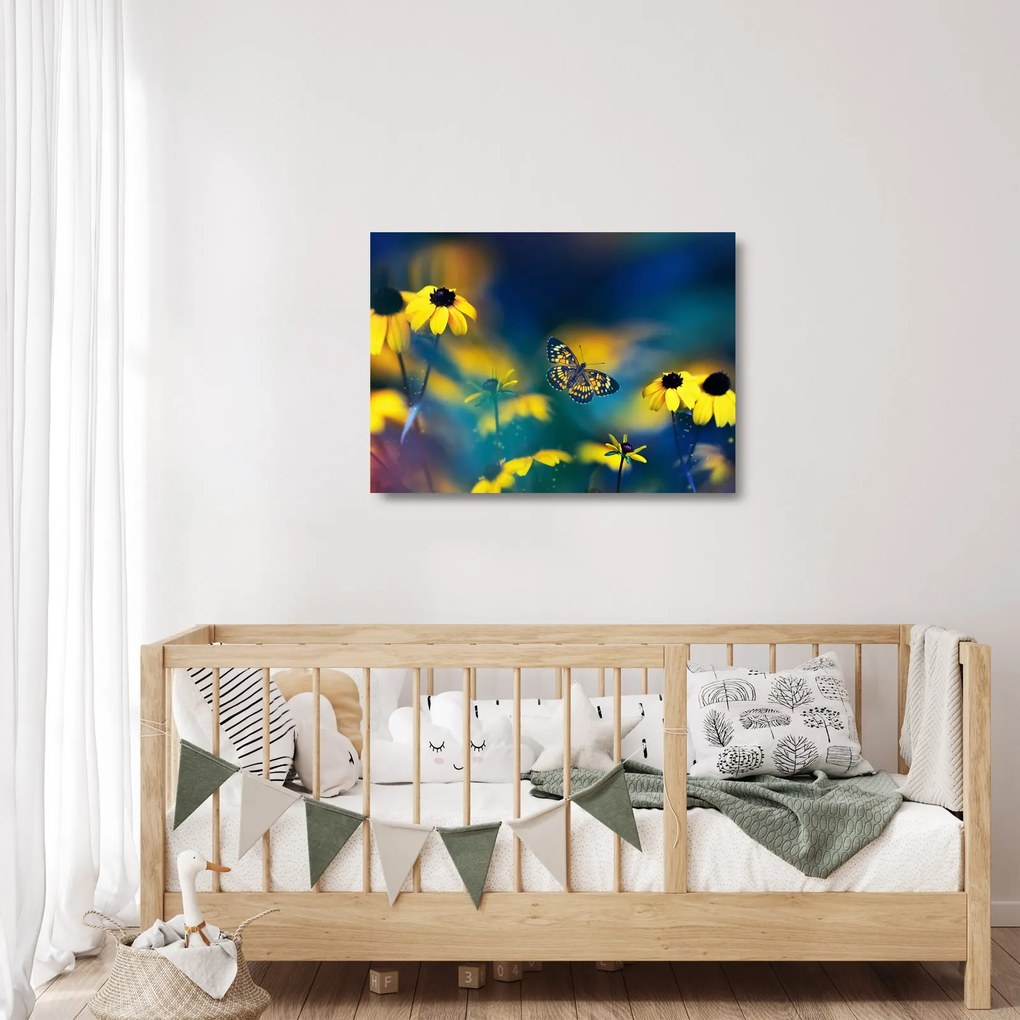 Sklenený obraz - Žltý motýľ s kvetmi (70x50 cm)