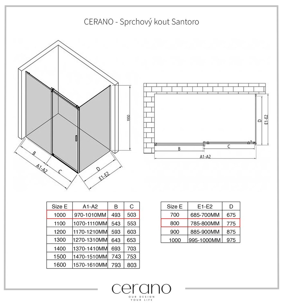 CERANO - Sprchovací kút Santoro Ľ/P - 8 mm - chróm, transparentné sklo - 100x80 cm - posuvný, CER-CER-8050BD7347