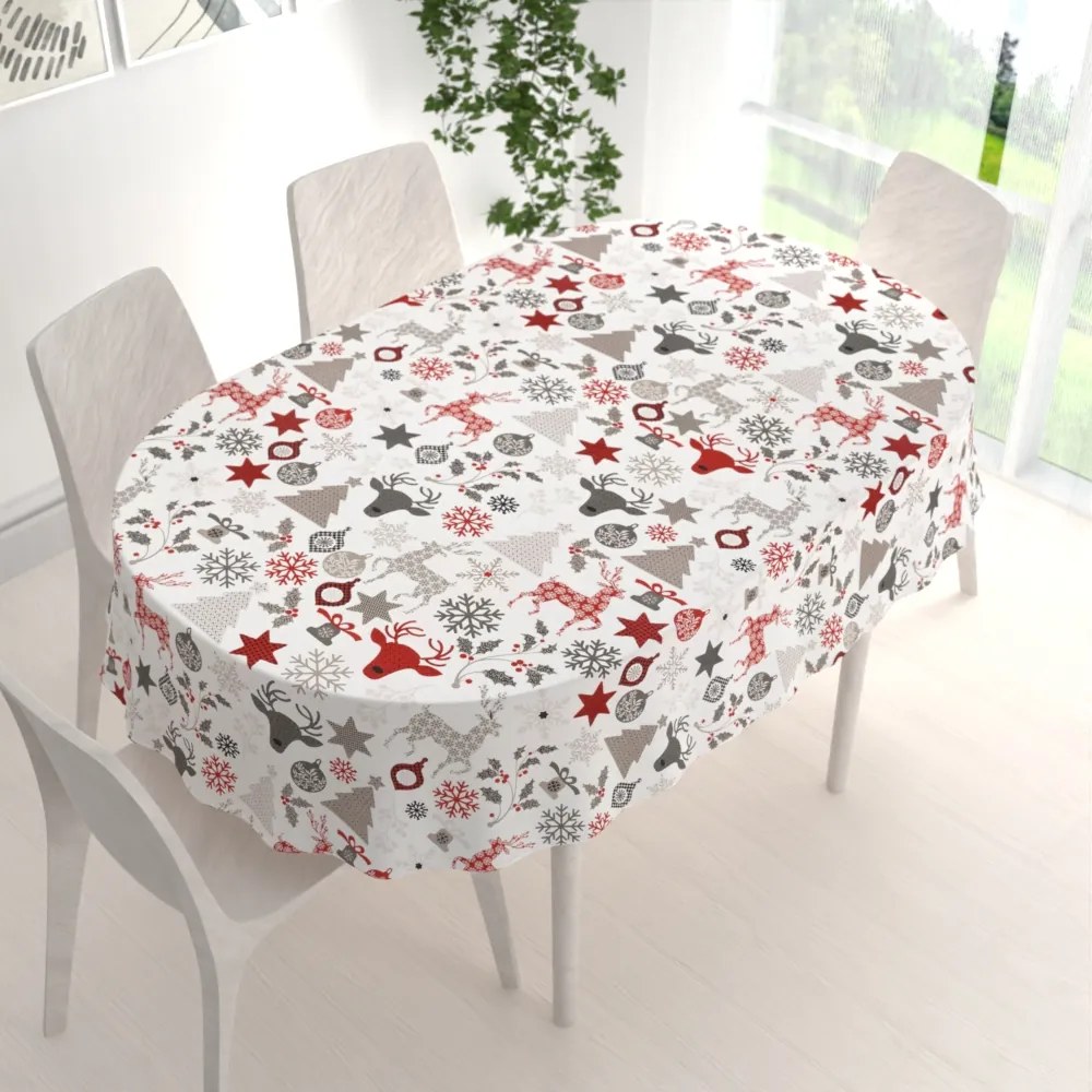 Biante Bavlnený oválny obrus Sandra SA-541 Sivo-červené vianočné motívy na bielom 100x140 cm
