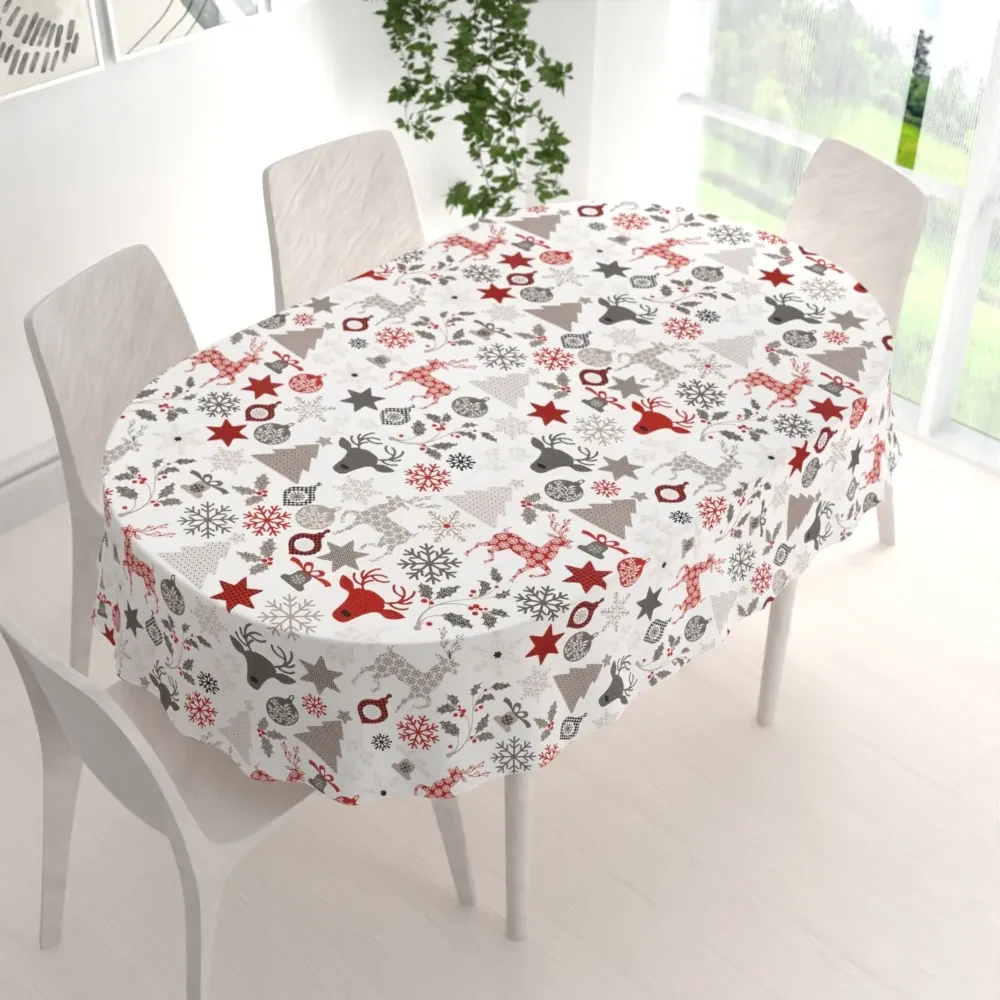 Biante Bavlnený oválny obrus Sandra SA-541 Sivo-červené vianočné motívy na bielom 120x180 cm