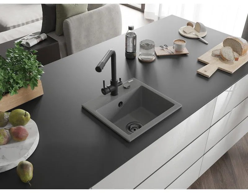 Mexen Milo, granitový drez 435x410x171 mm, 1-komorový a čierna batéria Duero, šedá, 6505-71-671600-70-B
