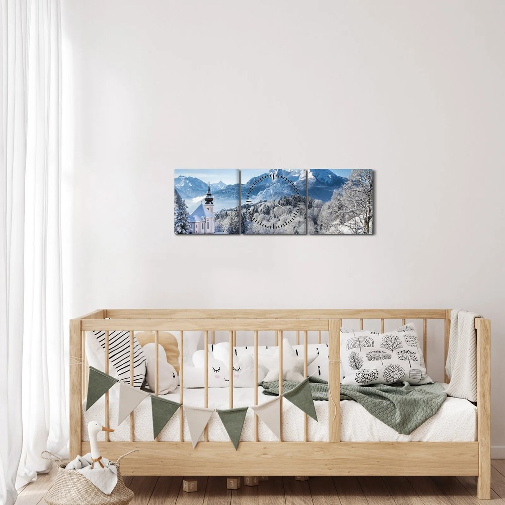 Obraz - Váhľad na zimnú krajinu (s hodinami) (90x30 cm)