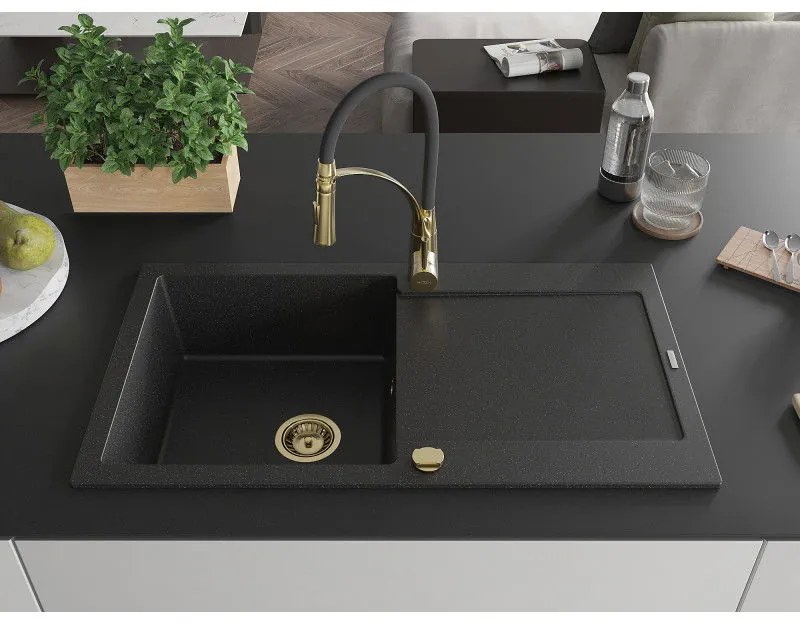 Mexen Leo, granitový drez 900x500x190 mm, 1-komorový a drezová batéria Aster, čierna-strieborná metalíza, 6501-73-73450-57-G