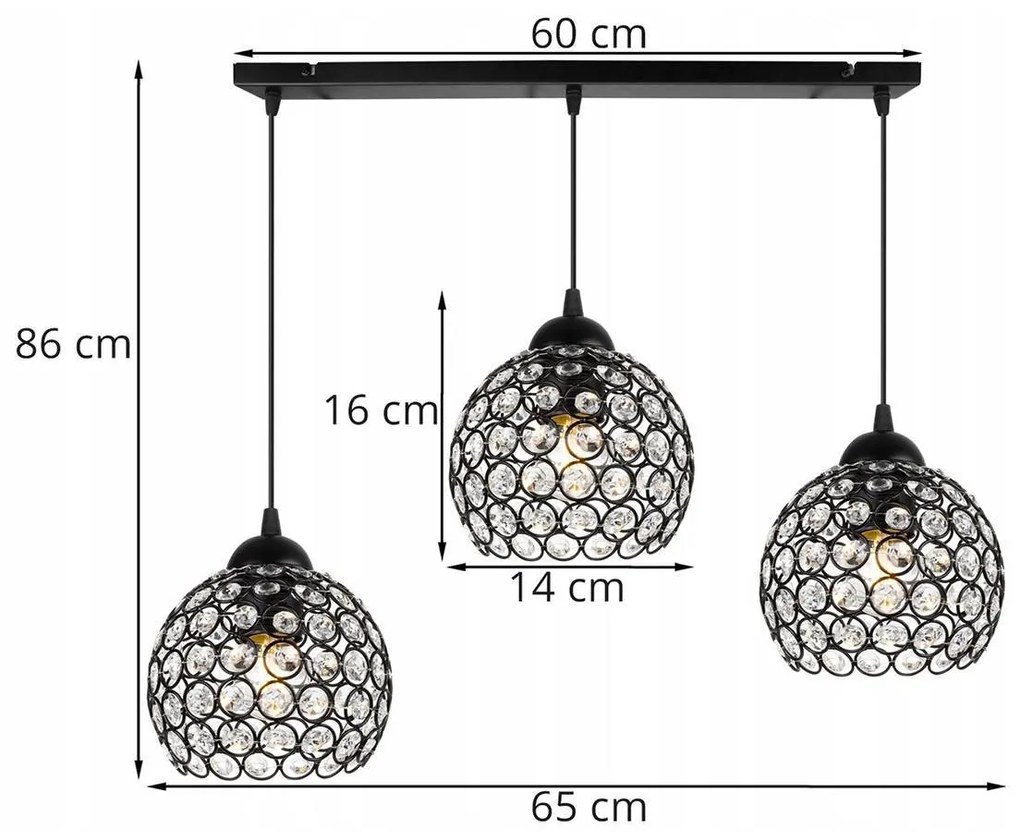 Závesné svietidlo CRYSTAL, 3x čierne krištáľové tienidlo