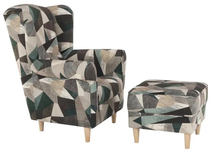 Kondela Kreslo, ušiak s taburetom, hnedozelená vzor látka, ASTRID