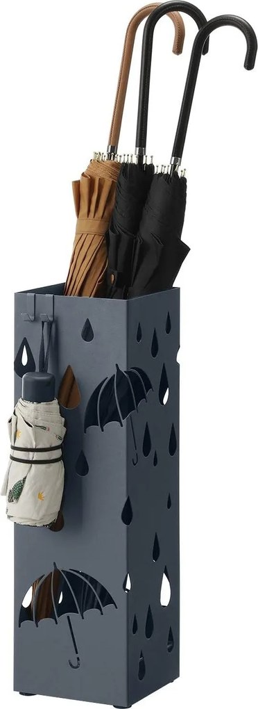 Kovový stojan na dáždniky, štvorcový držiak na dáždniky s odkvapkávacou táckou, sivý