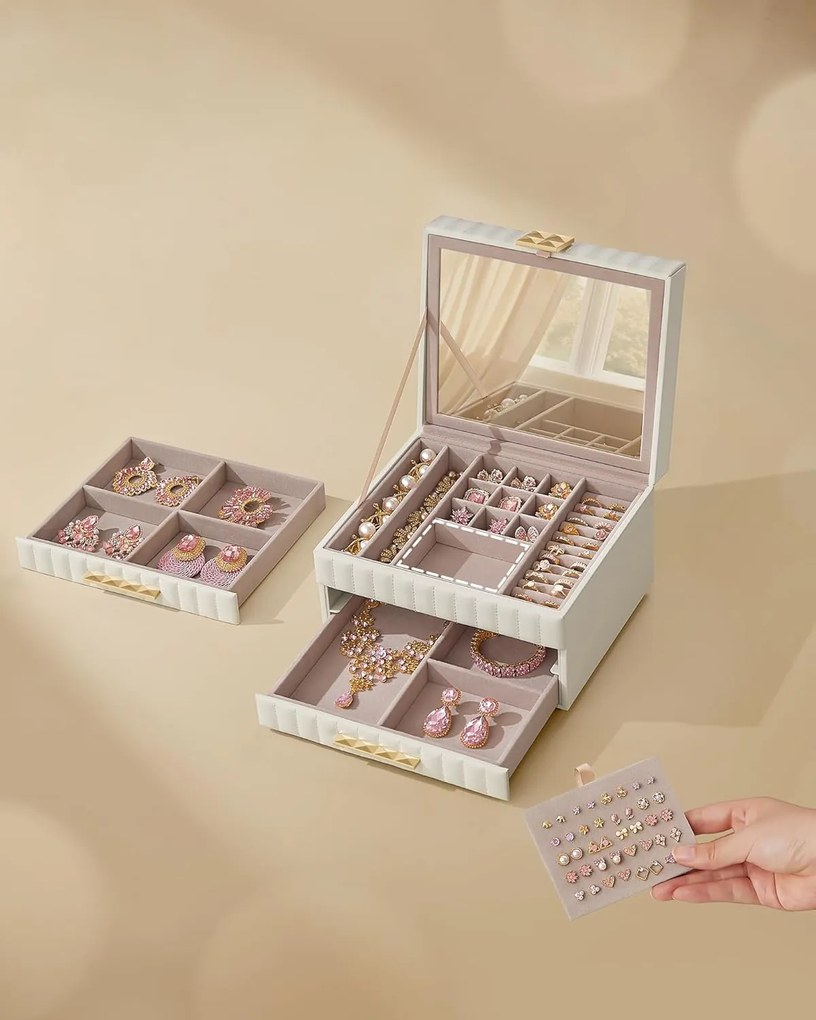 Šperkovnica so zrkadlom 3 úrovne, úložný priestor na šperky 2 zásuvky, biela