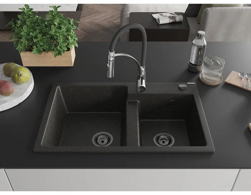 Mexen Tomas, 2-komorový granitový drez 800x500x190 mm a drezová batéria Aster, čierna-zlatá metalíza, 6516-75-73450-07-B