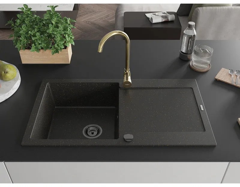 Mexen Leo, drez granitový 900x500x190 mm, 1-komorový a zlatá batéria Telma, čierna-zlatá metalíza, 6501-75-670200-50-B