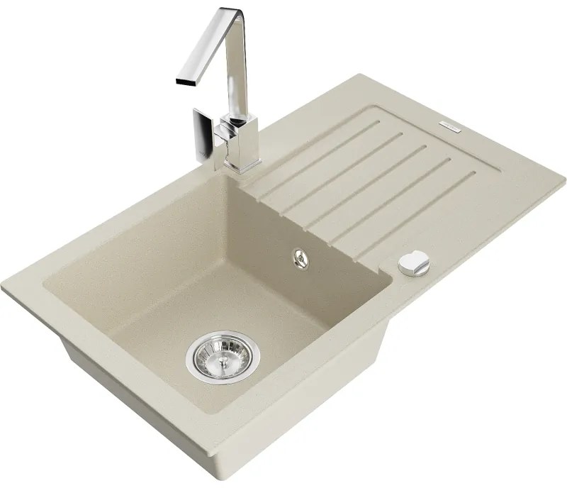 Mexen Pablo, granitový drez 752x436x161 mm, 1-komorový a chrómová batéria Rita, béžová, 6510-69-670300-00