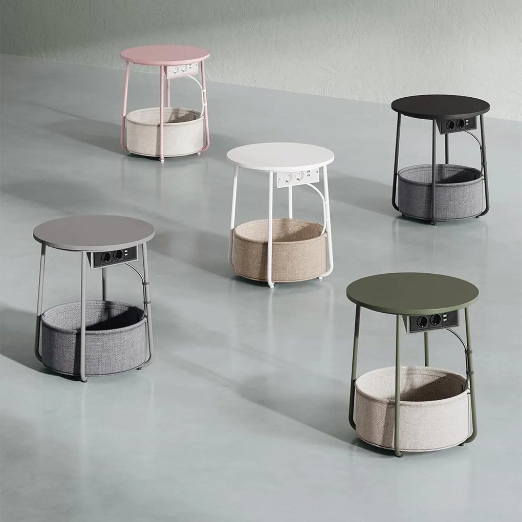 Okrúhly príručný stolík s nabíjacou stanicou, malý stolík so zásuvkou, lesná zelená a krémová biela