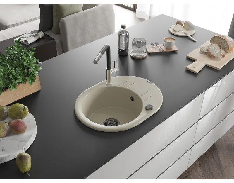 Mexen Kevin, 1-komorový granitový drez 586x458x190 mm a drezová batéria Flora, béžová, 6517-69-670401-07-B