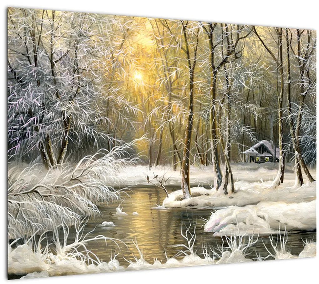 Sklenený obraz - Chalúpka v lese, olejomaľba (70x50 cm)