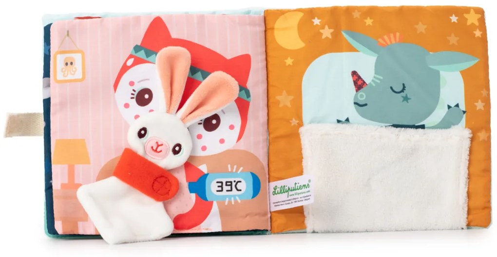 Lilliputiens - textilná knižka s aktivitami - dráčik Joe a jeho maznáčik