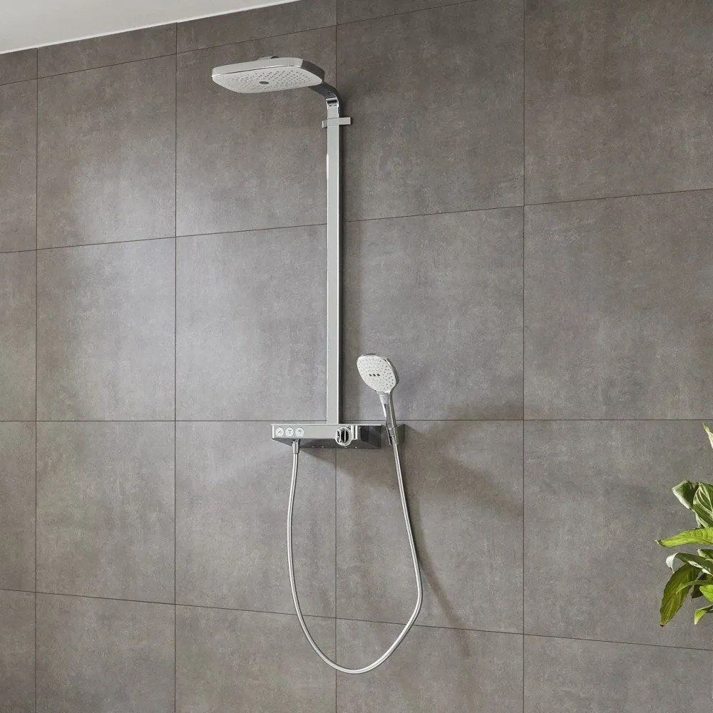 HANSGROHE Raindance Select E Showerpipe nástenný sprchový systém s termostatom ShowerTablet Select 300, horná sprcha 3jet 318 x 190 mm, ručná sprcha 3jet, biela/chróm, 27127400