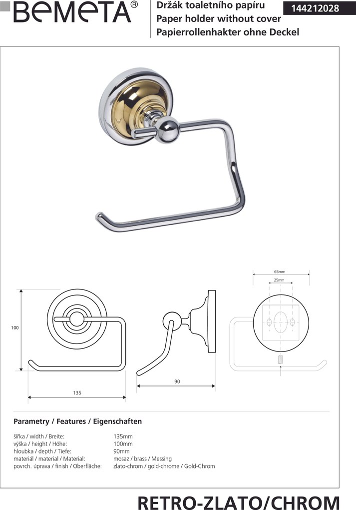 Bemeta Design RETRO gold-chrom: Držiak toaletného papiera, bez krytu - 144212028