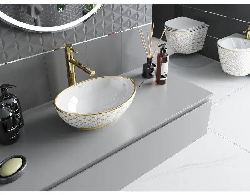 Mexen Elza, keramické umývadlo na dosku 405 x 330 mm, biela-zlatý vzor, 21014009
