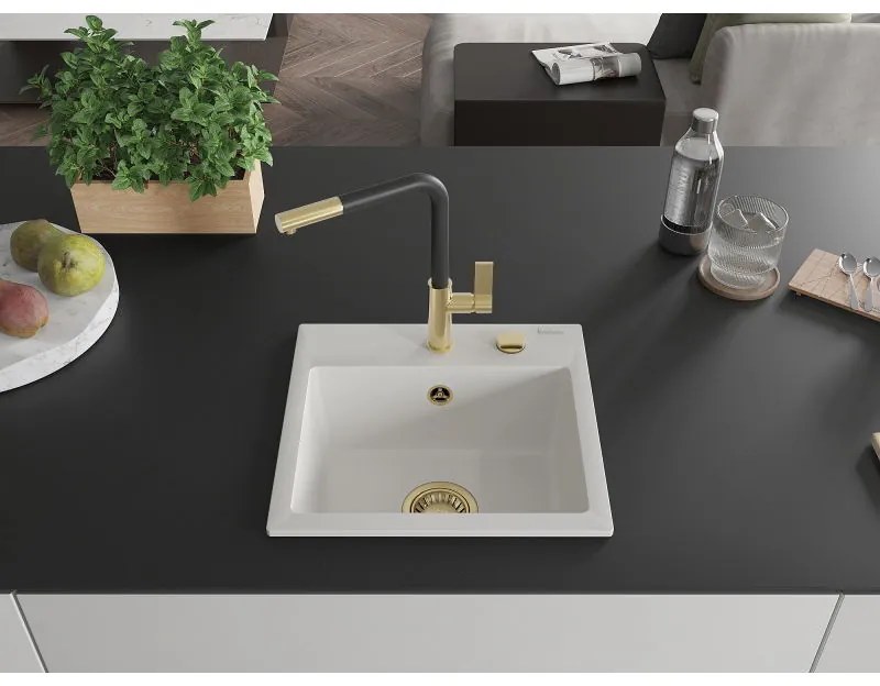 Mexen Milo, 1-komorový granitový drez 435x410x171 mm a drezová batéria Flora, biela, 6505-20-670401-57-G