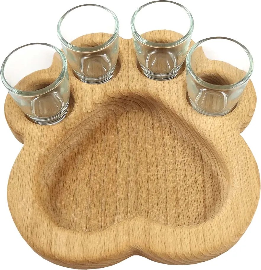 AMADEA Drevená miska "medvedia labka" so 4 panákmi, masívne drevo, veľkosť 18 cm