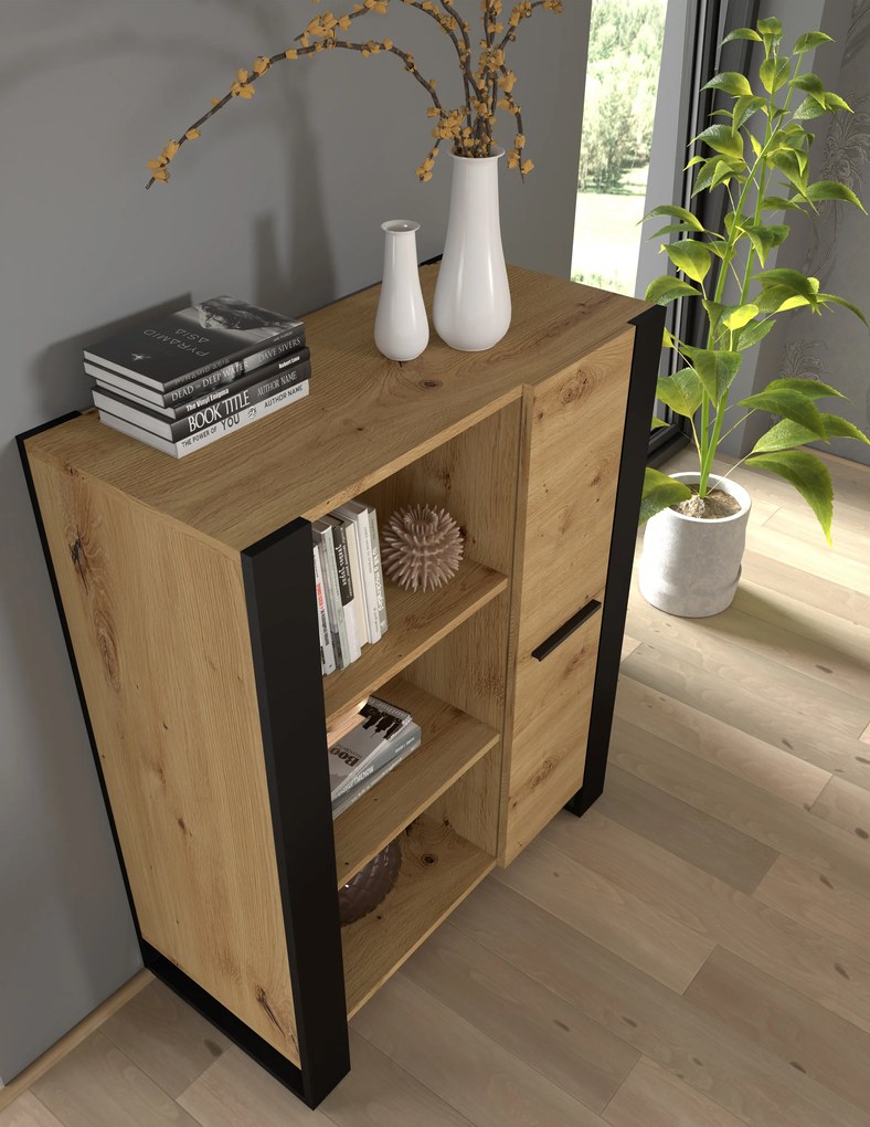 Regál Nulakka J (dub artisan + matná čierna). Akcia -20%. Vlastná spoľahlivá doprava až k Vám domov. 1124854