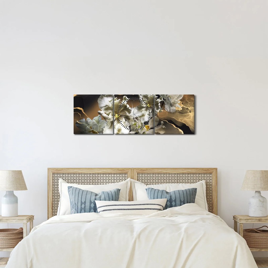 Obraz - Kvety orchideí na mramorovom pozadí (s hodinami) (90x30 cm)