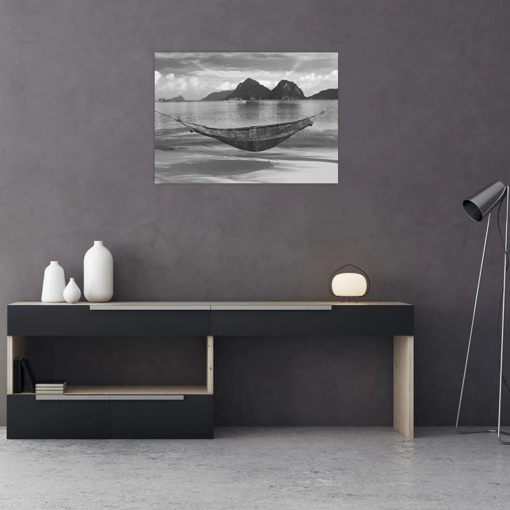 Sklenený obraz - Hojdacia sieť na pláži (70x50 cm)