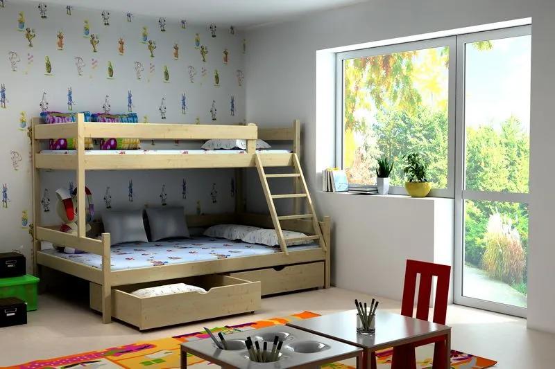 MAXMAX Detská poschodová posteľ s rozšíreným spodným lôžkom z MASÍVU 200x90cm so zásuvkou - PPS002
