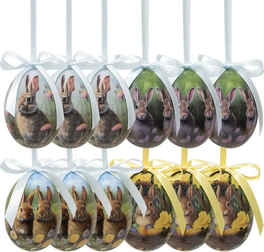 12ks dekorácia závesné vajíčko s zajačikmi Spring Egg - Ø 4*5 cm