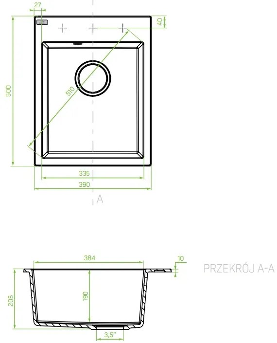 Laveo Monchichi, 1-komorový granitový drez 390x500x205 mm, čierna, LAV-SBO_710Y