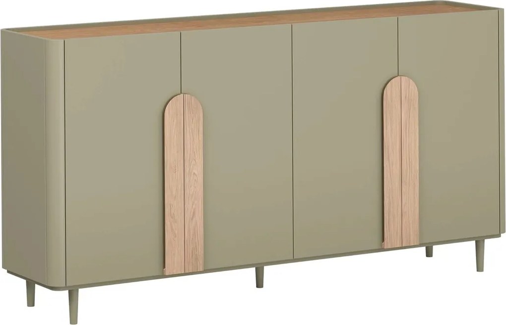 Komoda Amilio 200 cm štvor­dverová na nožičkách - eukalyptus / dub baltic dune / úchytky dub prírodný