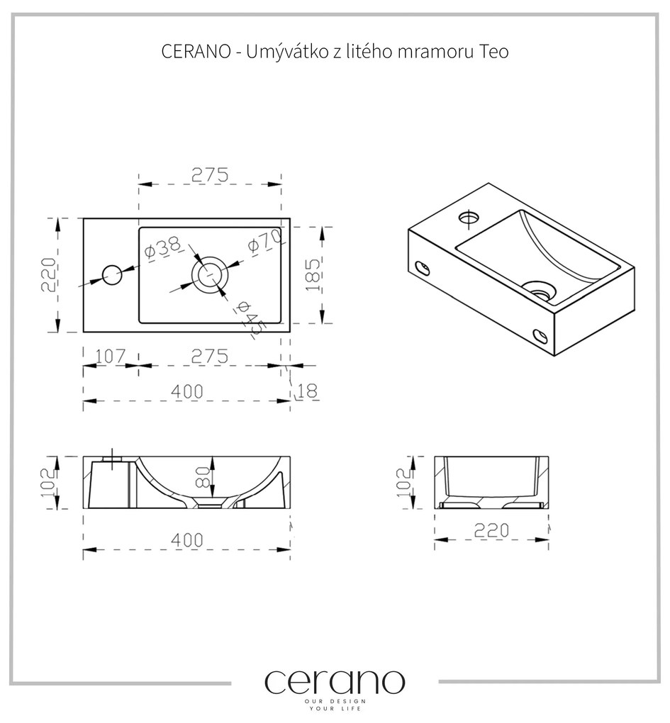 CERANO - Umývadlo z liateho mramoru Teo, závesné ľavé - čierna matná - 40x22 cm, CER-CER-482704