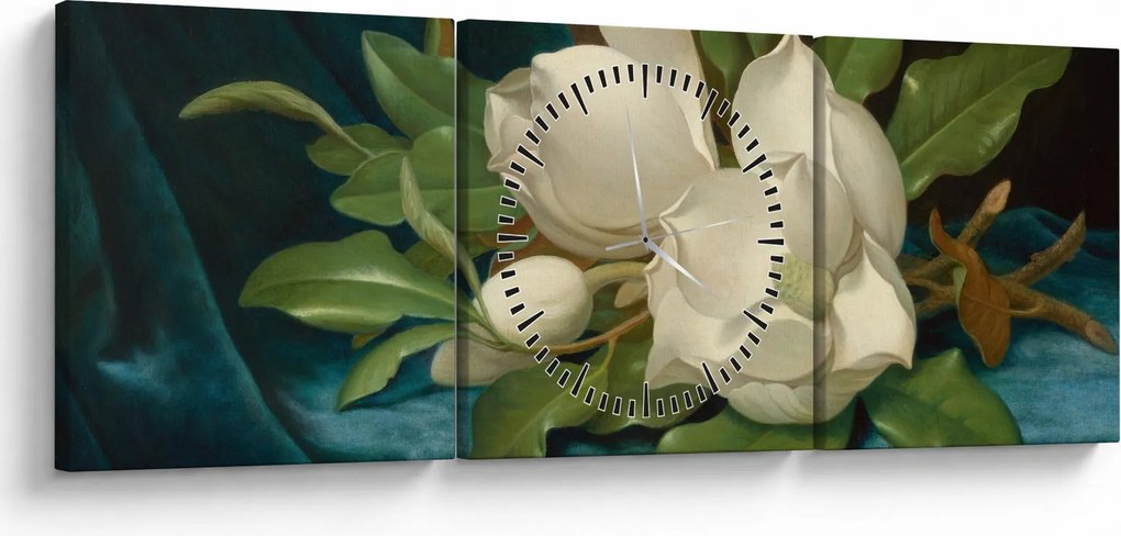 Obraz - Martin Johnson Heade, Giant Magnolias on a Blue Velvet Cloth, reprodukcia (s hodinami) (90x30 cm)