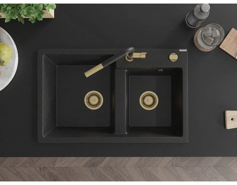 Mexen Tomas, 2-komorový granitový drez 800x500x190 mm a drezová batéria Flora, čierna-strieborná metalíza, 6516-73-670401-57-G