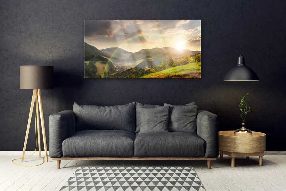 Obraz plexi Lúka hory západ slnka 120x60 cm