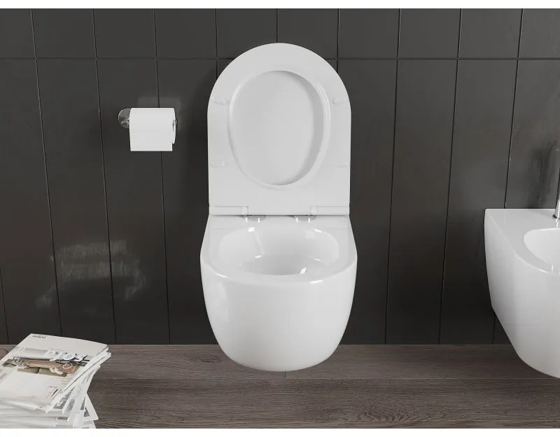 Mexen Carmen, závesná WC misa 490x365x340 mm, Rimless Tornádo + SLIM WC sedadlo z duroplastu, biela lesklá, 30880500