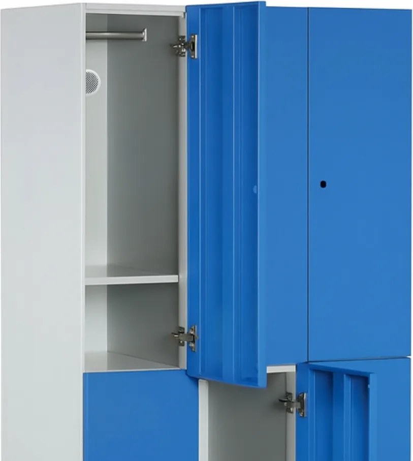 Šatníková skrinka S1 s úložnými boxmi, 6 boxov, 1850 x 900 x 500 mm, kódový zámok, červené dvere