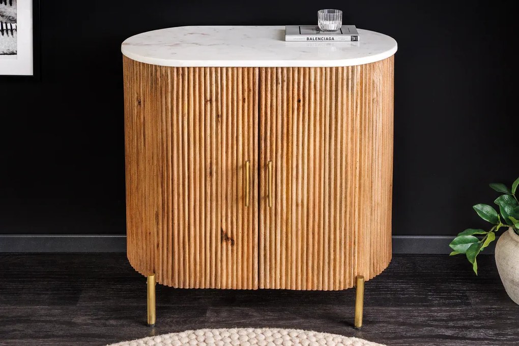 Sideboard TRES 70cm mango wood natural w/ white marble top and golden handles