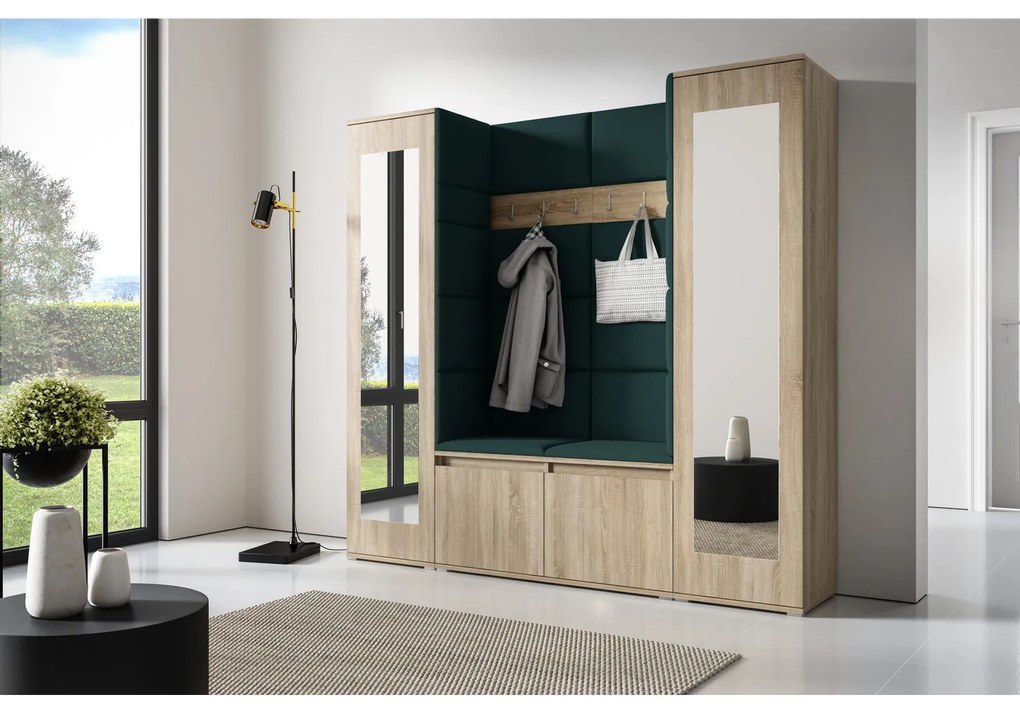 Predsieňová stena AMI 31 So zrkadlom Dub sonoma Fľašková zelená