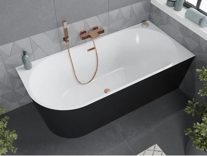 Mexen Mia, voľne stojaca rohová vaňa pravá 140 x 75 cm, biela/čierna, medený matný prepad, 52691407575P-65