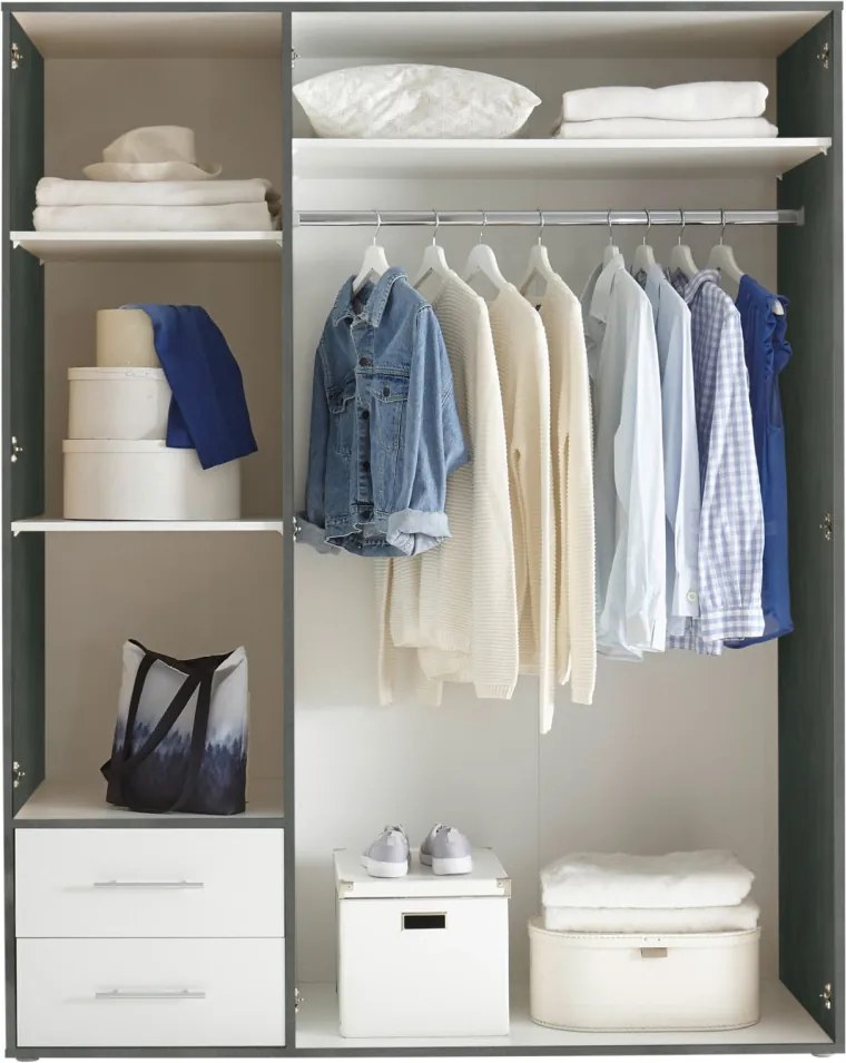 Šatníková skriňa Valencia,155 cm, optika šedého kovu/biela