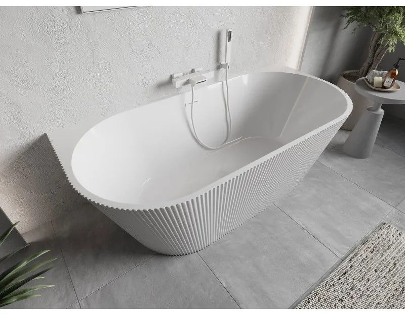 Mexen Oris, voľne stojaca ryhovaná vaňa 150 x 75 cm, biela lesklá, biely prepad, 52871507500-20