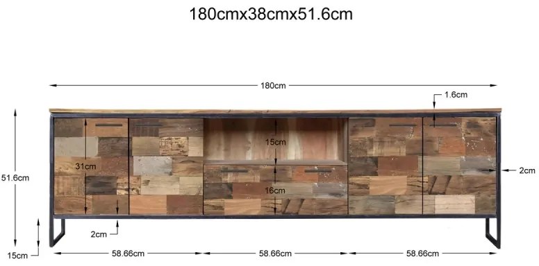 furniture-nabytek.cz - Masívny TV stolík Bristol z recyklovaného dreva, hnedý – 180×38×52 cm