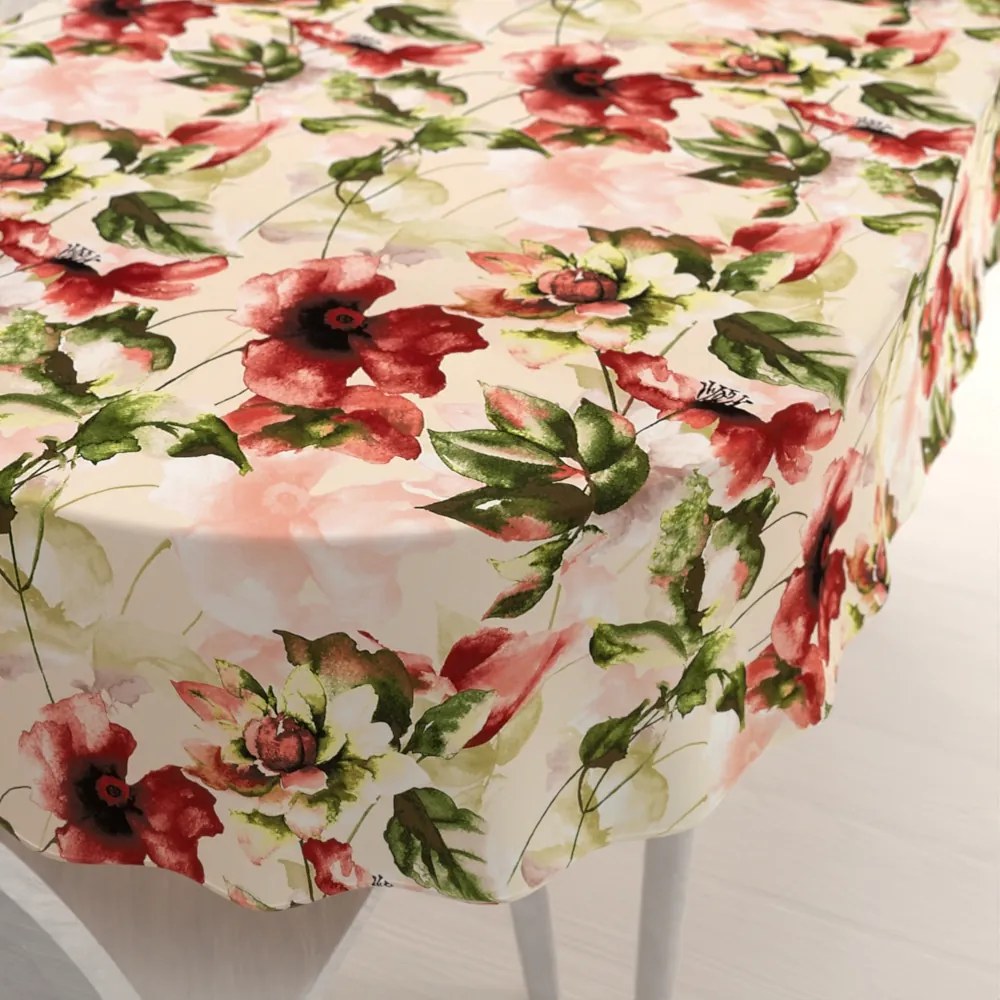 Biante Zamatový oválny obrus Tamara TMR-051 Abstraktné červené kvety na žltobéžovom 140x200 cm
