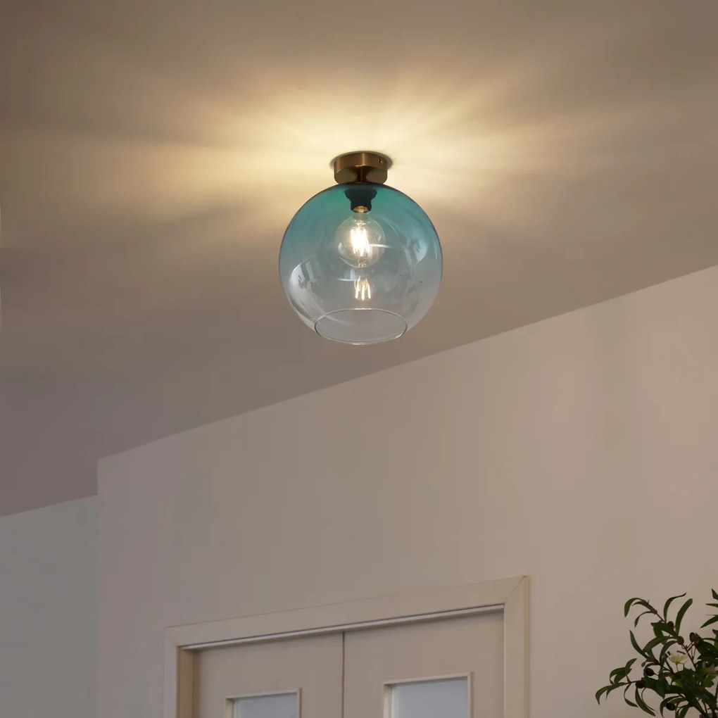 Art Deco stropné svietidlo mosadzné s modrým sklom - Sandra