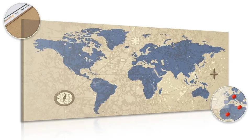 Obraz na korku mapa sveta s kompasom v retro štýle