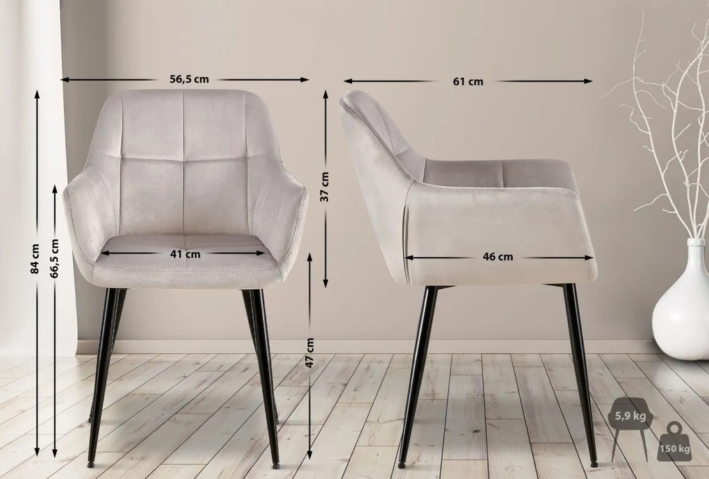Jedálenská stolička Emia (SET 2 ks) - zamat, kovové nohy čierne - Svetlo sivá
